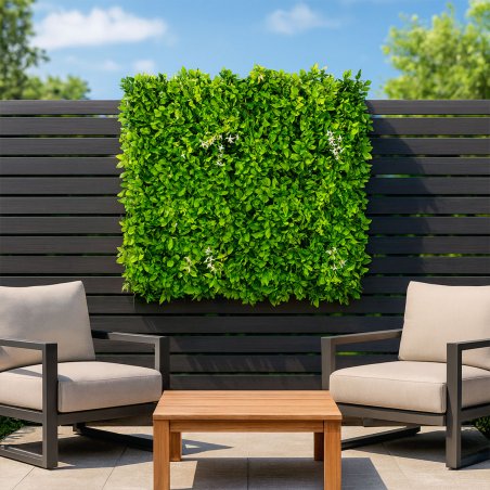 Mise en situation du mur végétal artificiel Green sur un balcon moderne, apportant fraîcheur et intimité.
