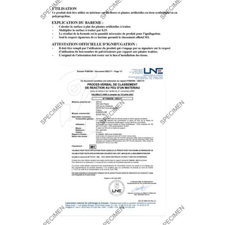 STOPFEU M1 protection anti-feu pour plantes décoratives et murs artificiels