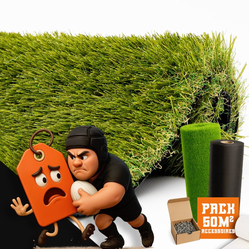 pack avec accessoires Gazon synthétique et Pelouse Synthétique Net / Rock multi directionnel 50m2