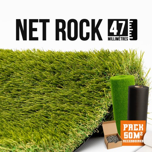 pack avec accessoires Gazon synthétique et Pelouse Synthétique Net / Rock multi directionnel 50m2