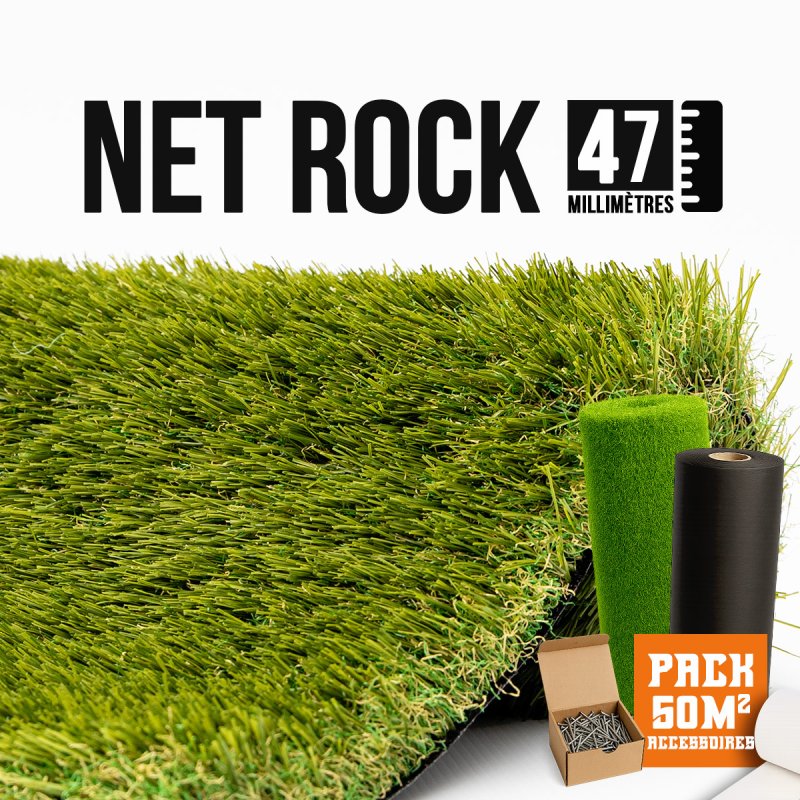 pack avec accessoires Gazon synthétique et Pelouse Synthétique Net / Rock multi directionnel 50m2