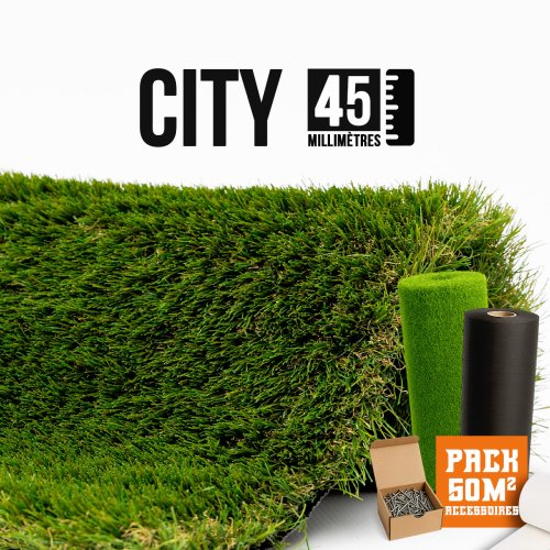 pack avec accessoires Gazon synthétique et Pelouse Synthétique City 45mm 50m2