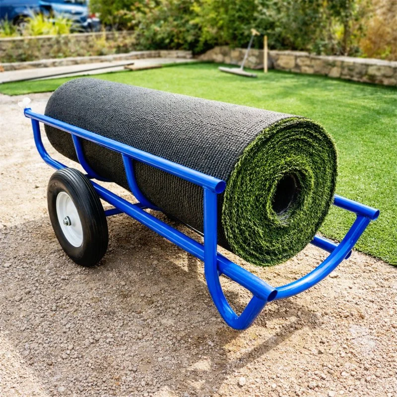 Chariot de transport pour rouleau de gazon synthétique lourd 2 m ou 4 m avec roues gonflées et berceau tubulaire pour manutention sur chantier