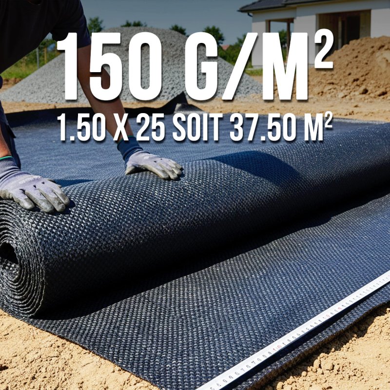 Toile géotextile 150 g/m² – rouleau 1,5×25 m 37,5 m² anti-repousse terrasse bois