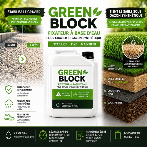 Green Block 5 kg, stabilisateur pour sable et gravier jusqu’à 20 m²