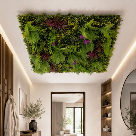 Module de feuillage artificiel pour plafond avec fougères, lierres, herbes longues et touches florales.