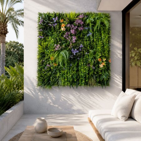 Module de mur végétal artificiel de 1 m² au feuillage fin, coloré et sans entretien.