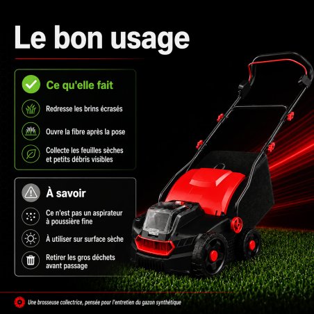Brosseuse gazon synthétique sans fil DT2504S rouge et noire avec sac – rendu fabricant retouché