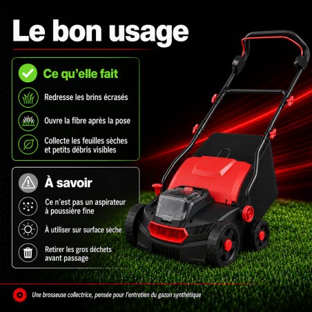 Brosseuse gazon synthétique sans fil DT2504S rouge et noire avec sac – rendu fabricant retouché