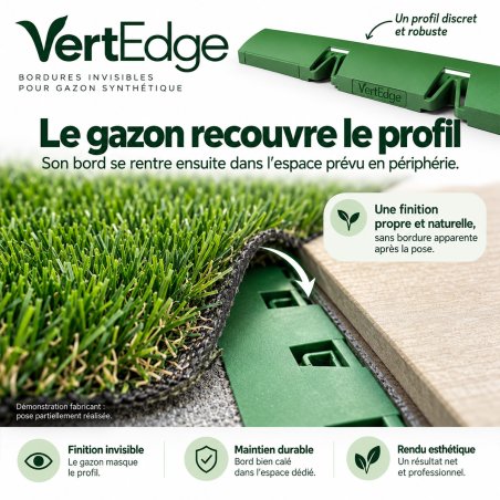 Pose VertEdge : le gazon recouvre le profil puis son bord est rentré en périphérie