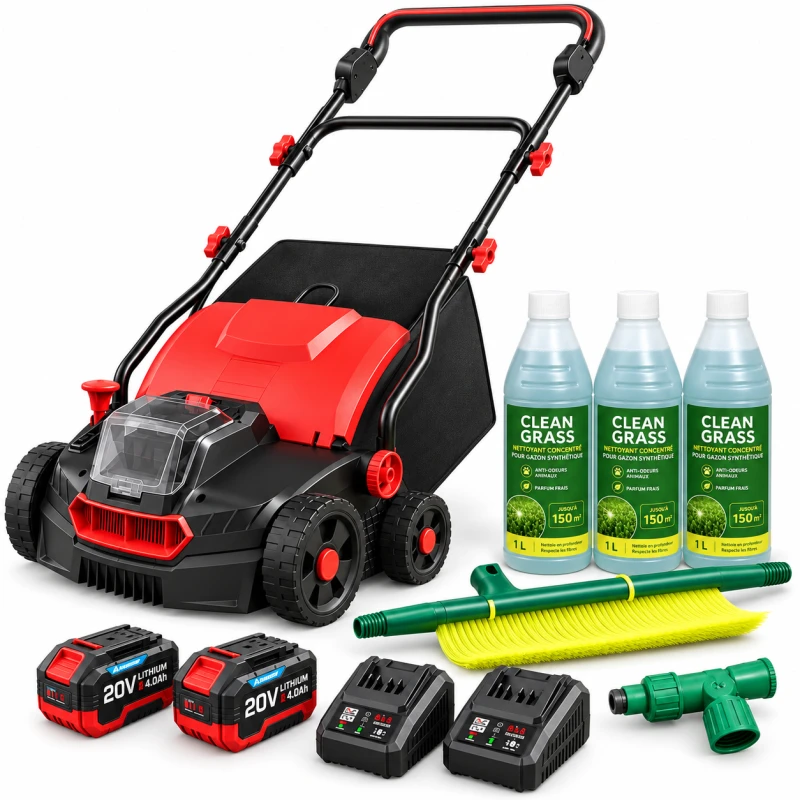 Pack entretien gazon synthétique avec brosseuse sans fil, deux batteries, deux chargeurs, balai, trois bouteilles de nettoyant et mélangeur