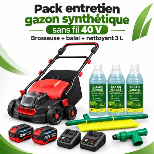 Pack entretien gazon synthétique sans fil avec balai et nettoyant, présenté dans un jardin près d’une piscine