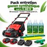 Pack entretien gazon synthétique sans fil avec balai et nettoyant, présenté dans un jardin près d’une piscine
