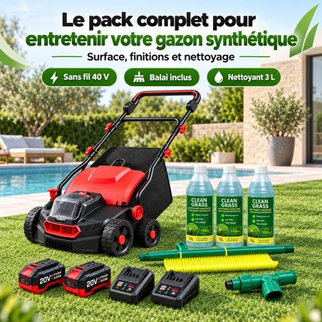 Pack entretien gazon synthétique : brosseuse 40 V, deux batteries, deux chargeurs, balai et nettoyant 3 × 1 L