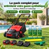 Pack entretien gazon synthétique : brosseuse 40 V, deux batteries, deux chargeurs, balai et nettoyant 3 × 1 L