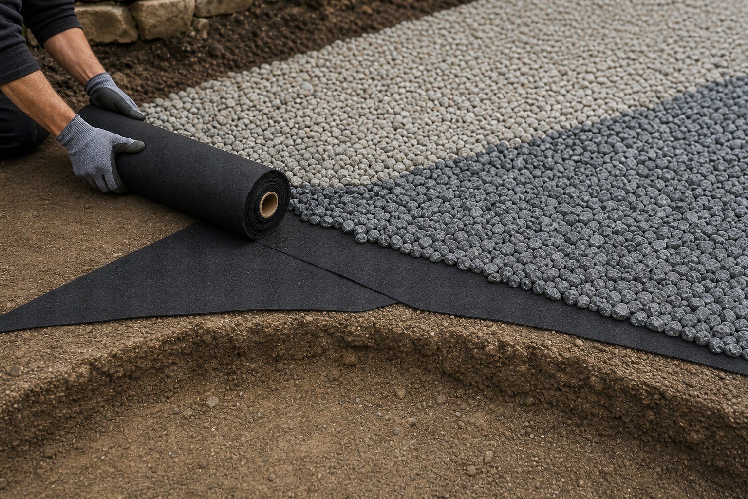 Pose d'un géotextile professionnel sous une couche de gravier avec recouvrement des lés