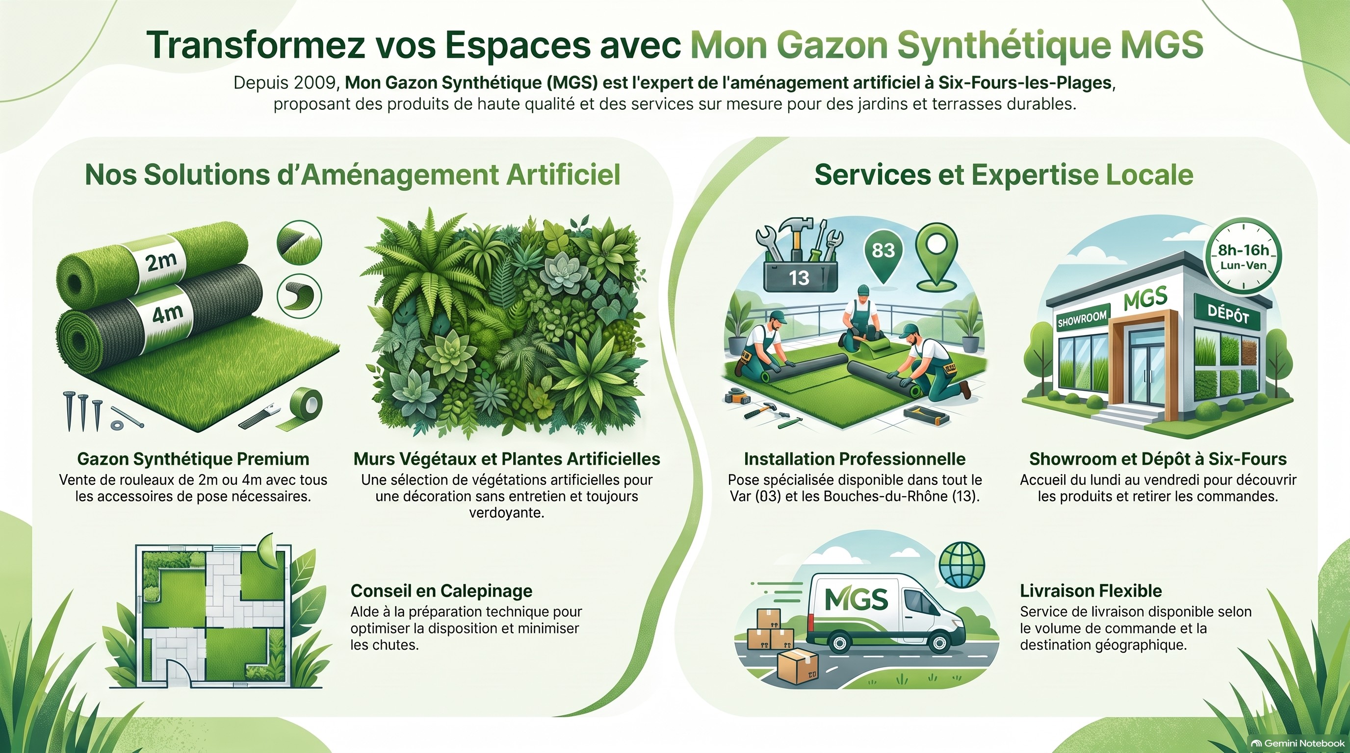 Infographie conseil gazon synthétique et murs végétaux MGS
