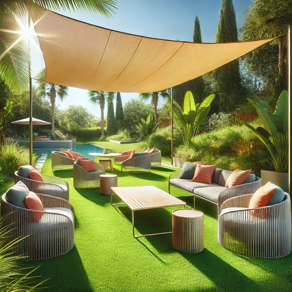 Salon d'extérieur moderne sur une pelouse artificielle verdoyante, avec fauteuils en résine tressée, table basse en bois et voile d’ombrage, sous une lumière naturelle ensoleillée