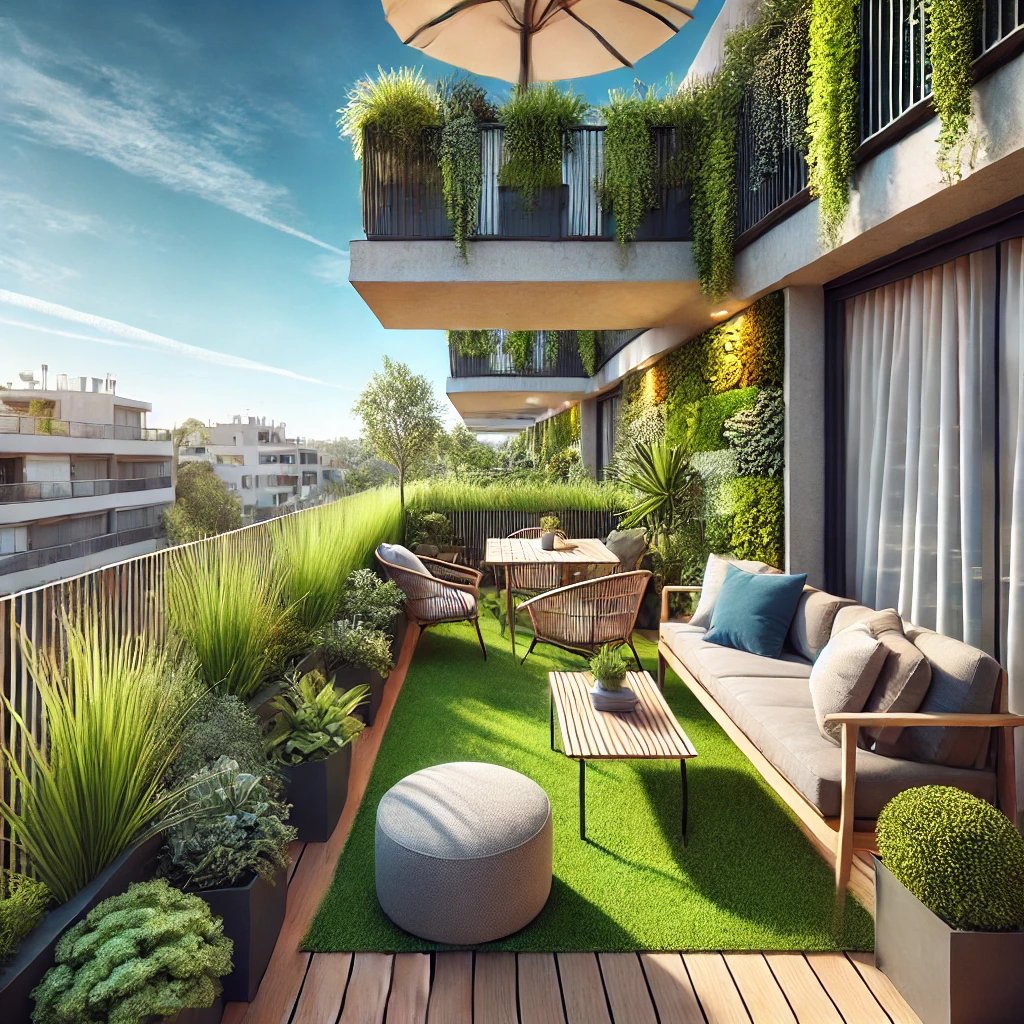 Un balcon urbain moderne sublimé par un gazon synthétique élégant, agrémenté de mobilier confortable et de plantes en pot, offrant une ambiance paisible et contemporaine sous un ciel azur.