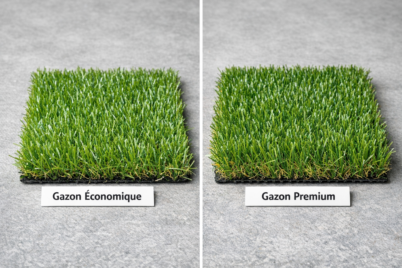 Comparaison entre gazon synthétique économique et gazon synthétique premium pour juger le rendu réaliste
