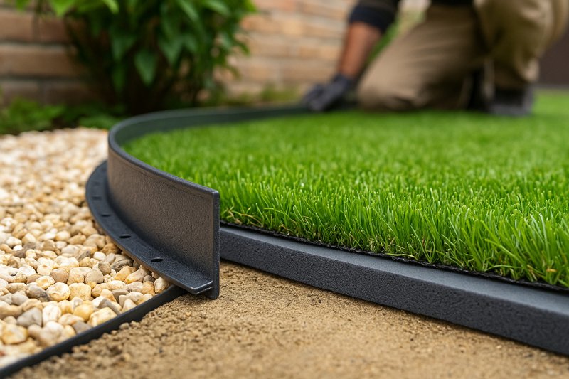 Bordure de jardin flexible et mousse sous-couche amortissante 8 mm pour gazon synthétique – finition propre entre pelouse, graviers et sol compacté.