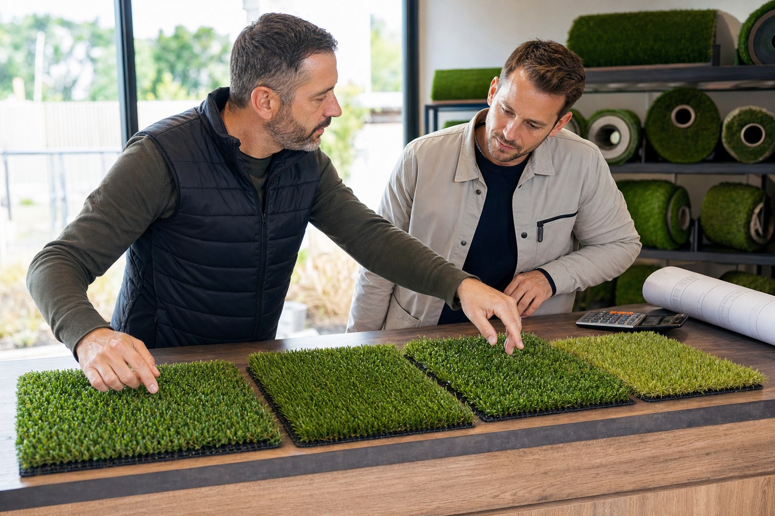Client comparant plusieurs gazons synthétiques en promotion avec un conseiller MGS