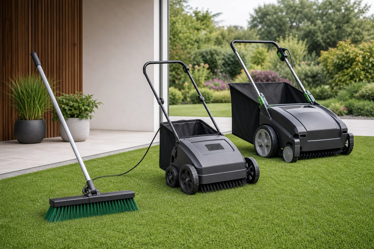Balai manuel, brosseuse filaire et brosseuse sur batterie pour entretenir un gazon synthétique