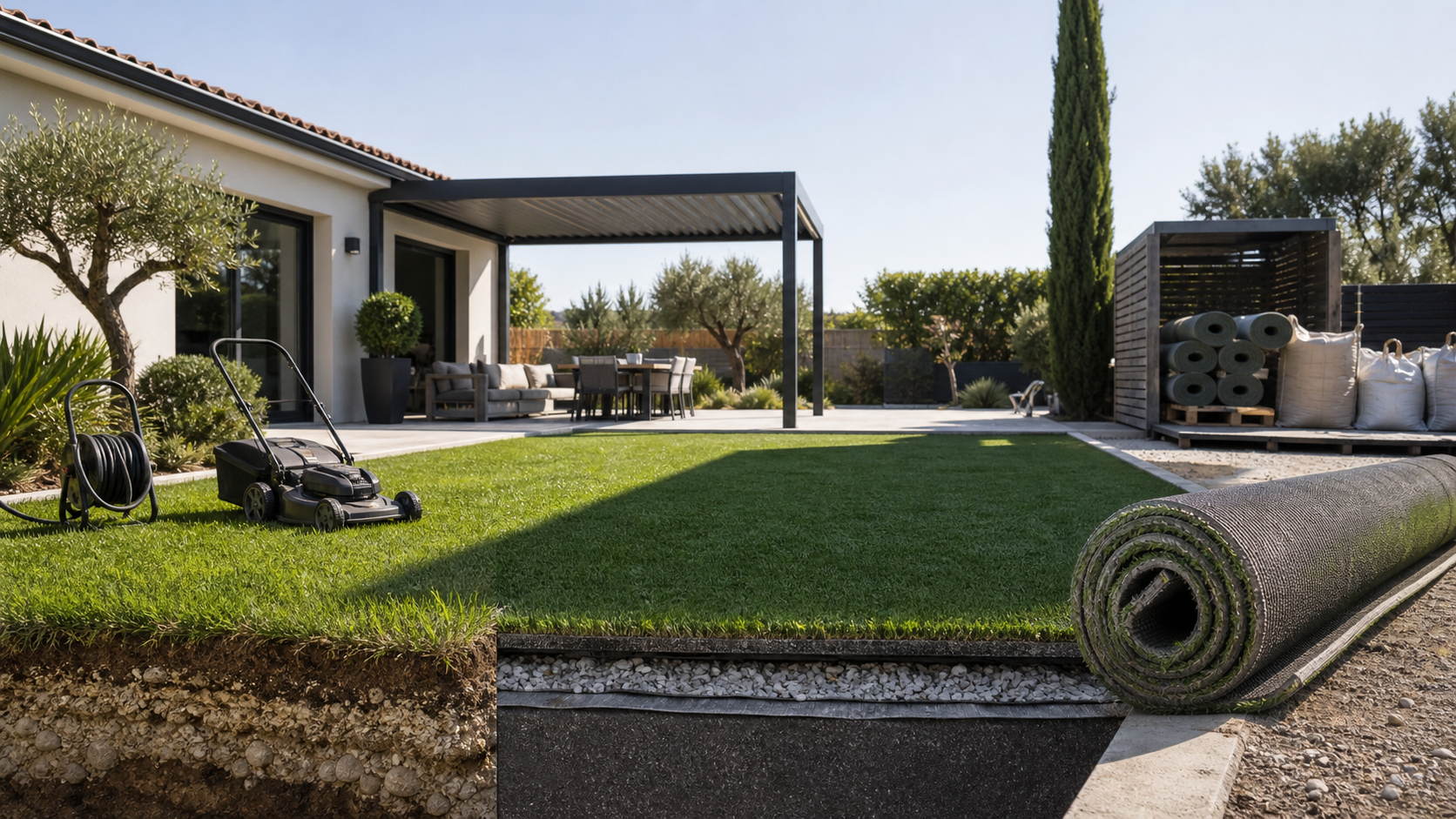 Comparaison environnementale d’un jardin avec pelouse naturelle, gazon synthétique ombragé, support drainant et rouleaux en fin de vie