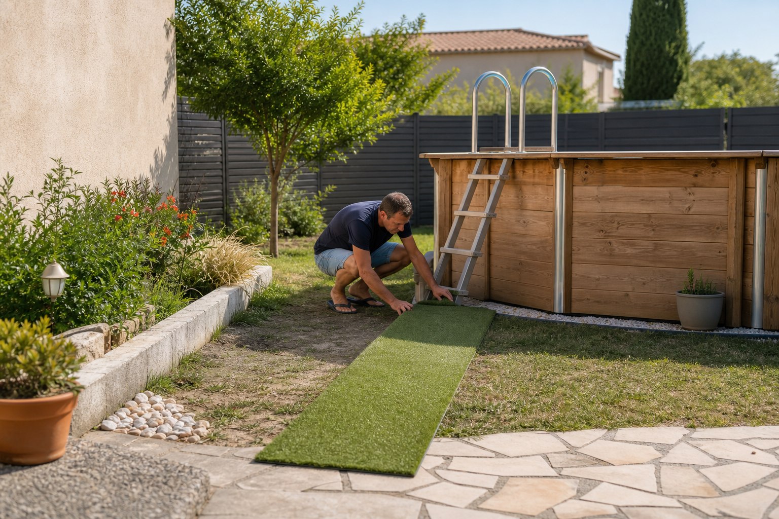 Petit chemin temporaire en gazon synthétique vers une piscine hors sol