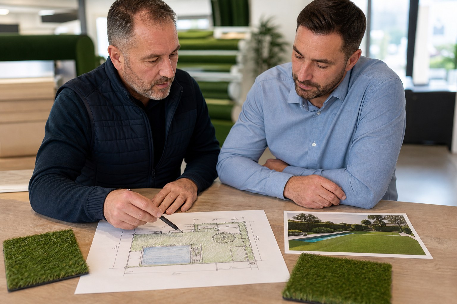 Conseiller MGS et client validant un plan de calepinage avec une photo du terrain