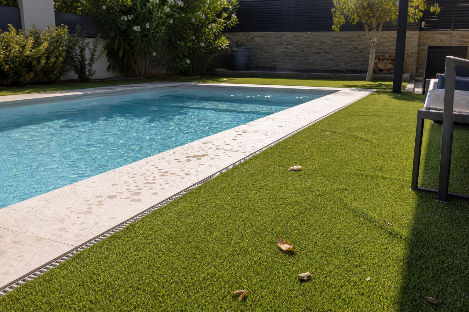 Gazon synthétique autour d’une piscine avec zone ensoleillée, ombre et drainage