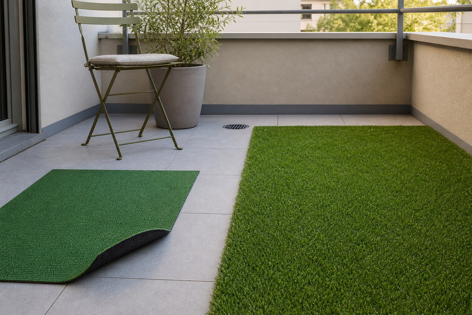 Moquette verte temporaire et gazon synthétique durable comparés sur un balcon