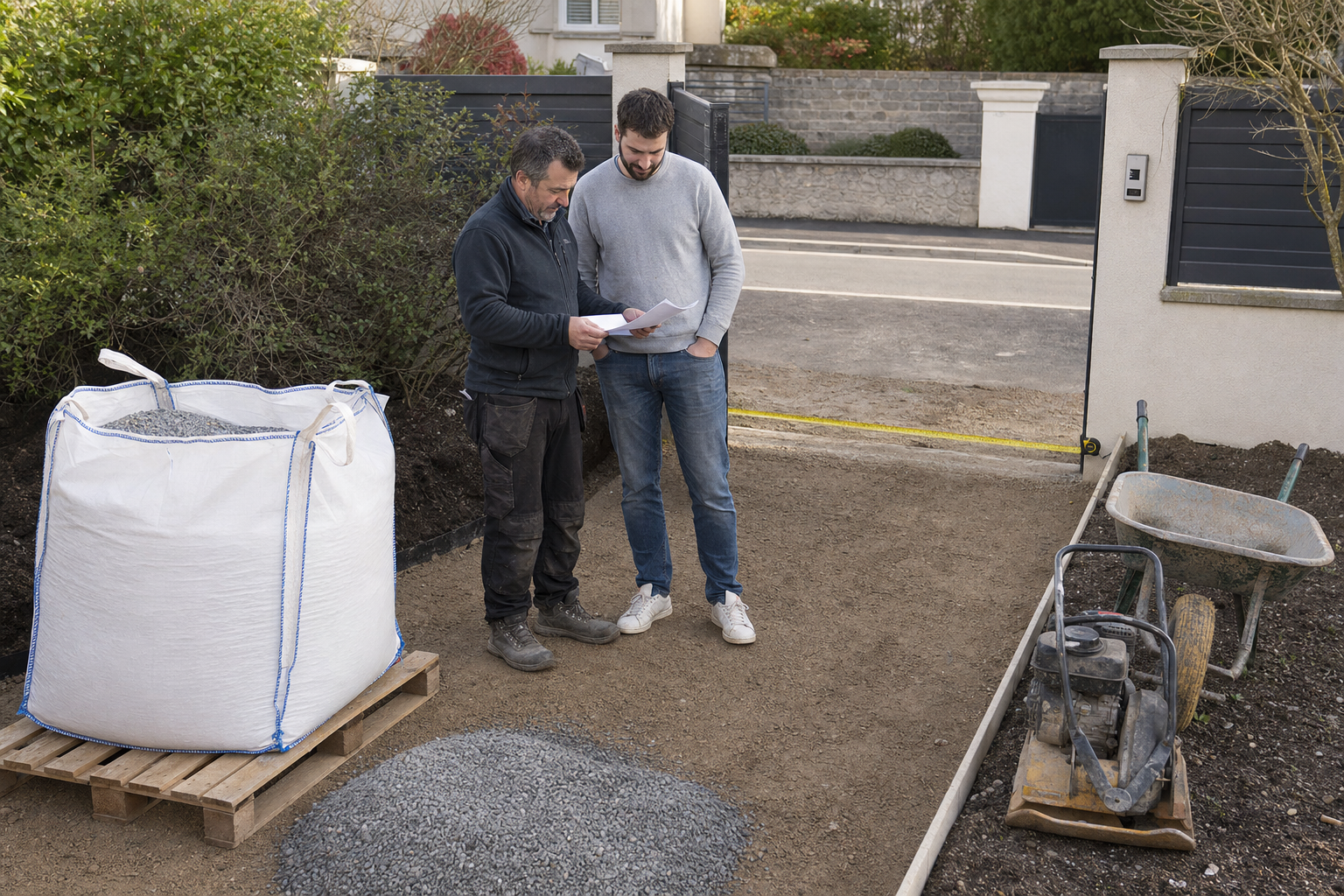 Professionnel et client comparant le prix, le conditionnement et l’accès de livraison d’un agrégat pour gazon synthétique
