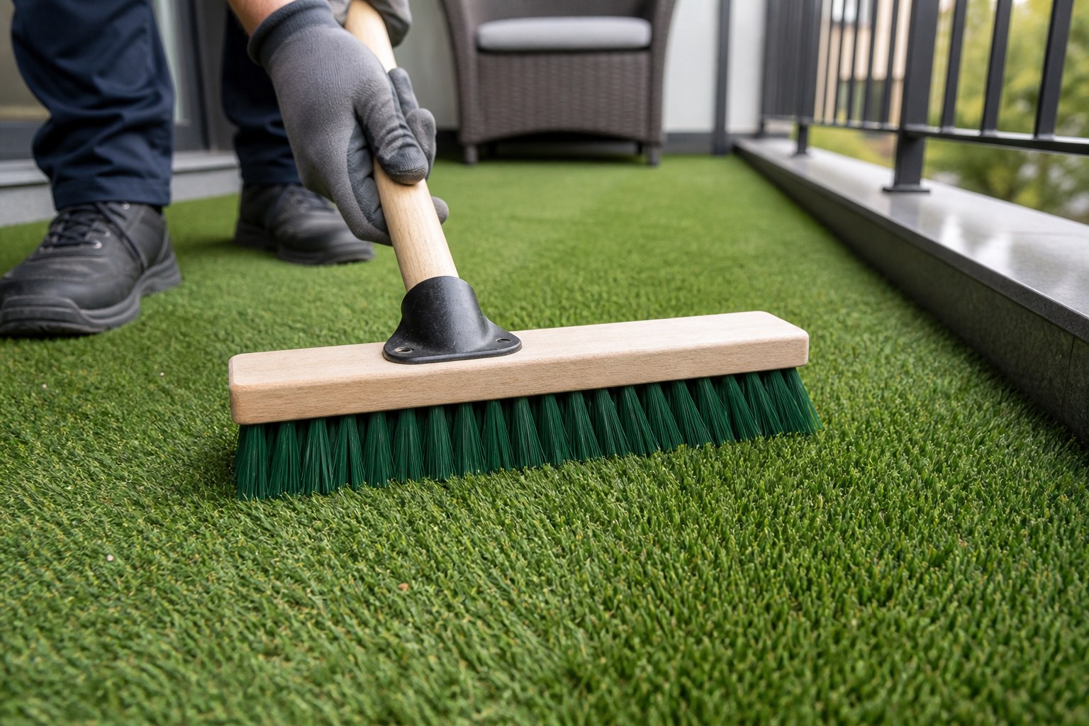 Balai brosse passé à contre-fibre pour redresser un gazon synthétique sur un balcon