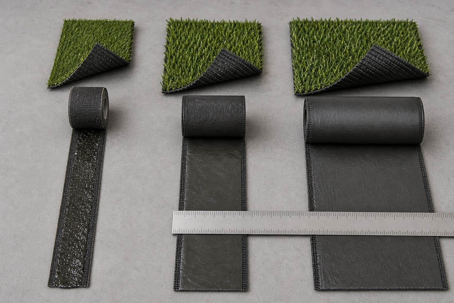 Comparaison visuelle de trois largeurs et niveaux d’encollage de bandes de jonction pour gazon synthétique