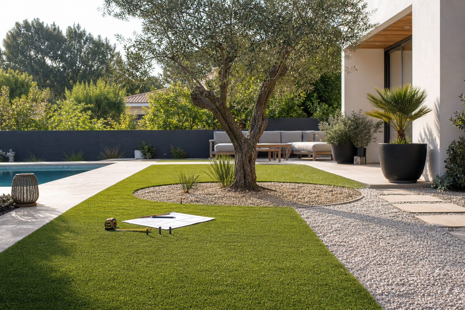 Aménagement jardin avec gazon synthétique : zones, gravier et coupes préparées avant la pose