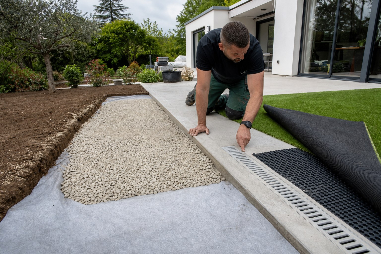 Préparation sous gazon synthétique sur terre et dalle avec géotextile, agrégat compacté et drainage