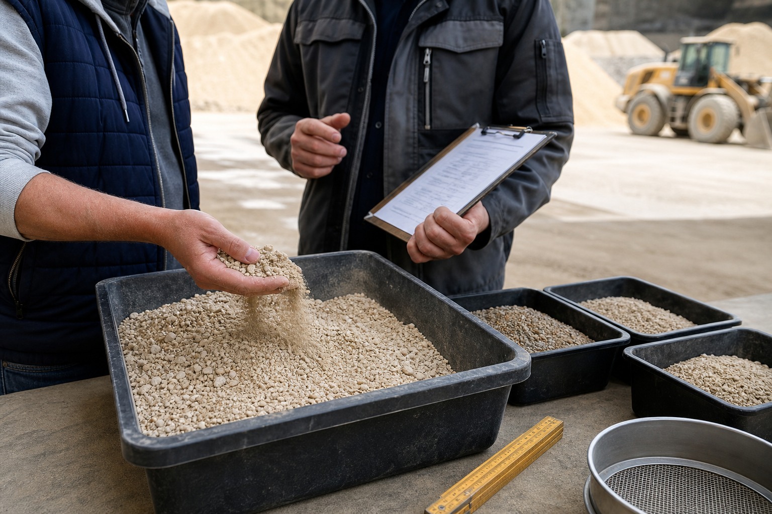Paysagiste contrôlant un échantillon d’agrégat compactable avec un fournisseur en carrière