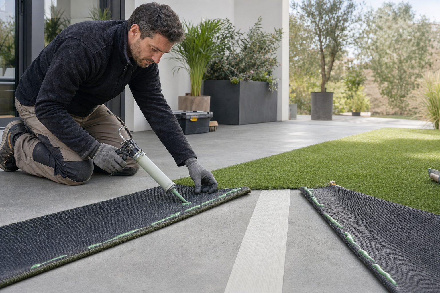 Paysagiste appliquant une colle polymère et préparant une jonction de gazon synthétique sur dalle béton