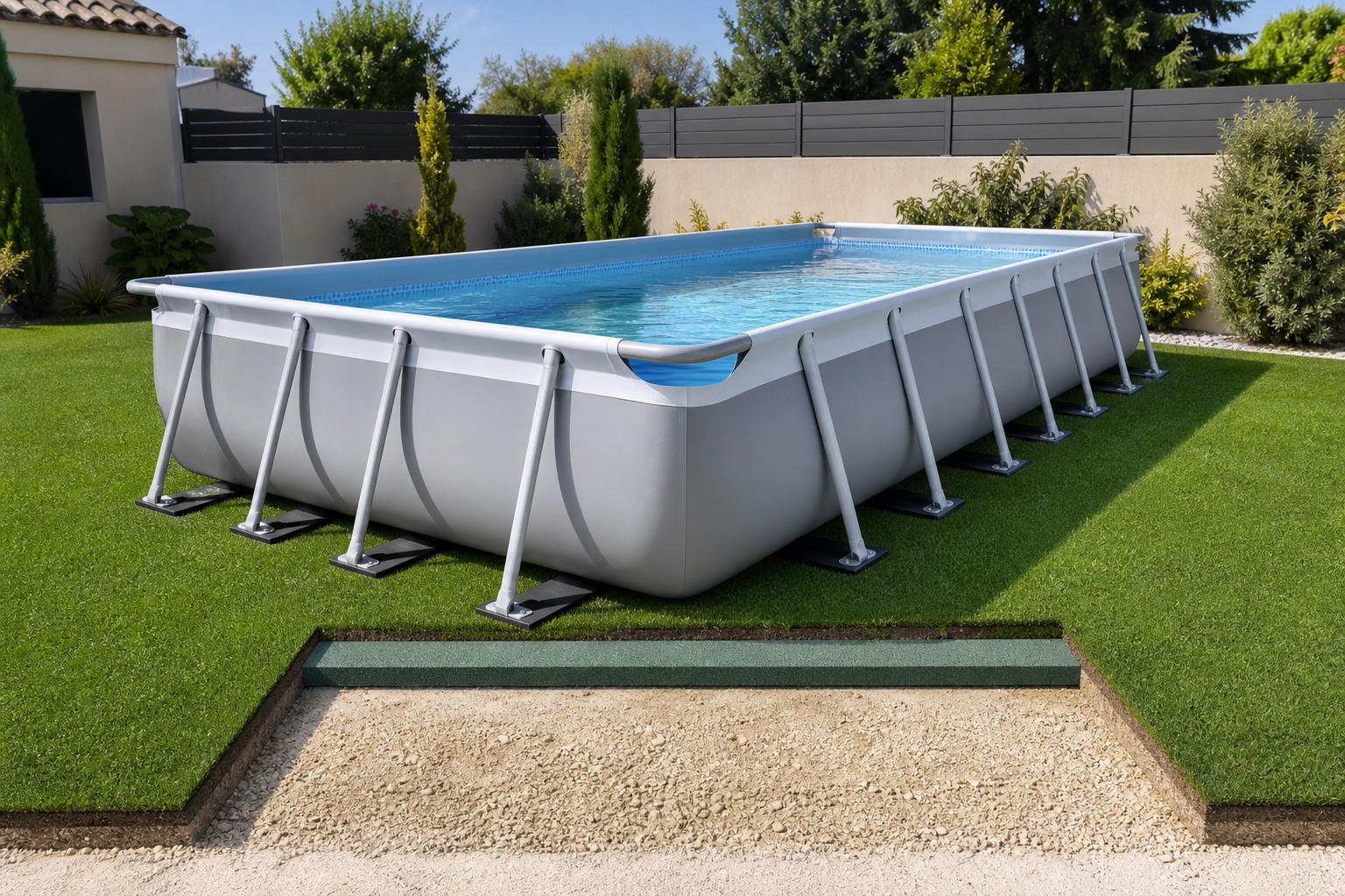 Piscine tubulaire posée sur gazon synthétique avec support plat, mousse de confort et appuis répartis