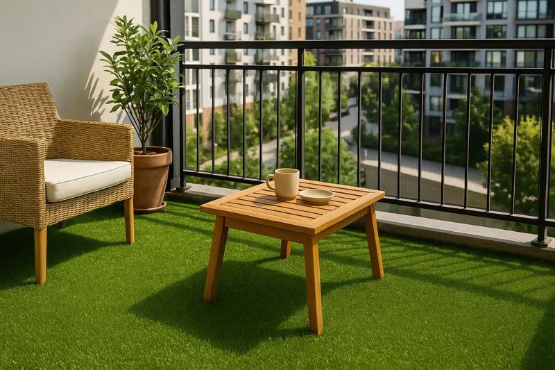 Gazon synthétique pour balcon et terrasse – gazon dense 35 mm, ambiance urbaine moderne et naturelle, sans entretien.