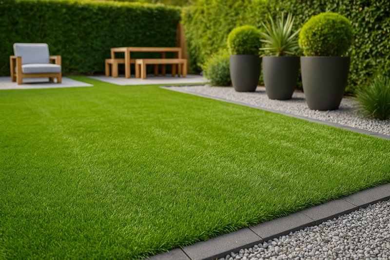 Gazon synthétique jardin – pelouse dense 40 mm avec allée moderne en dalles et pots de plantes décoratifs, rendu naturel premium