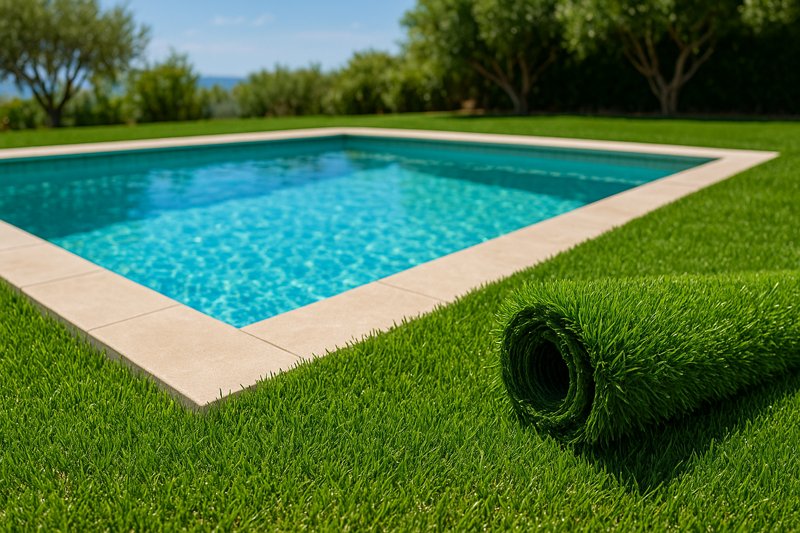 Gazon synthétique pour piscine avec brins denses verts, plage moderne et eau turquoise, idéal pour un contour de bassin confortable et sans entretien.