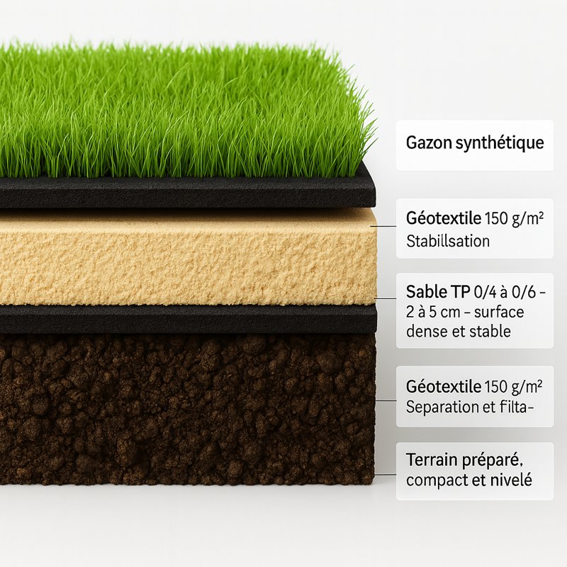 Schéma de pose gazon synthétique – coupe horizontale avec géotextile, sable et terrain compacté, vue claire et professionnelle