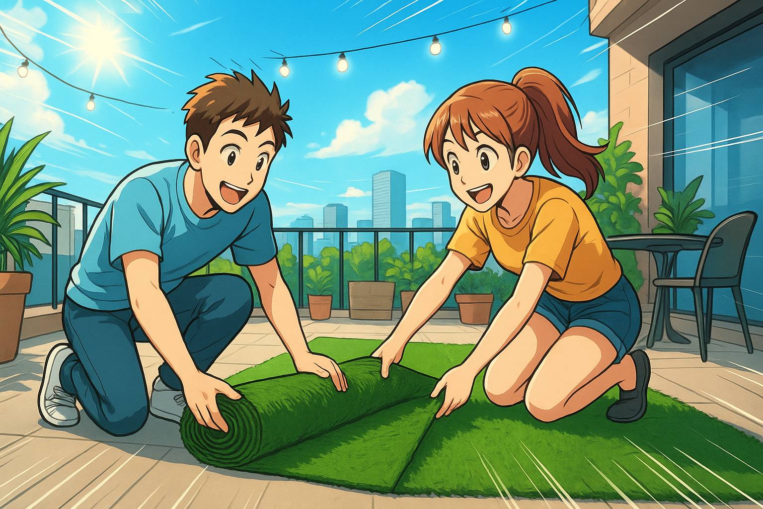Illustration manga fun : jeune couple posant un faux gazon sur terrasse, rouleau qui se déroule, plantes en pot et ciel bleu, ambiance détente