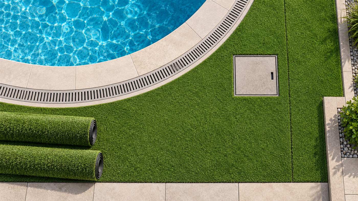 Illustration d’un calepinage de gazon synthétique autour d’une piscine avec évacuation et trappe accessibles