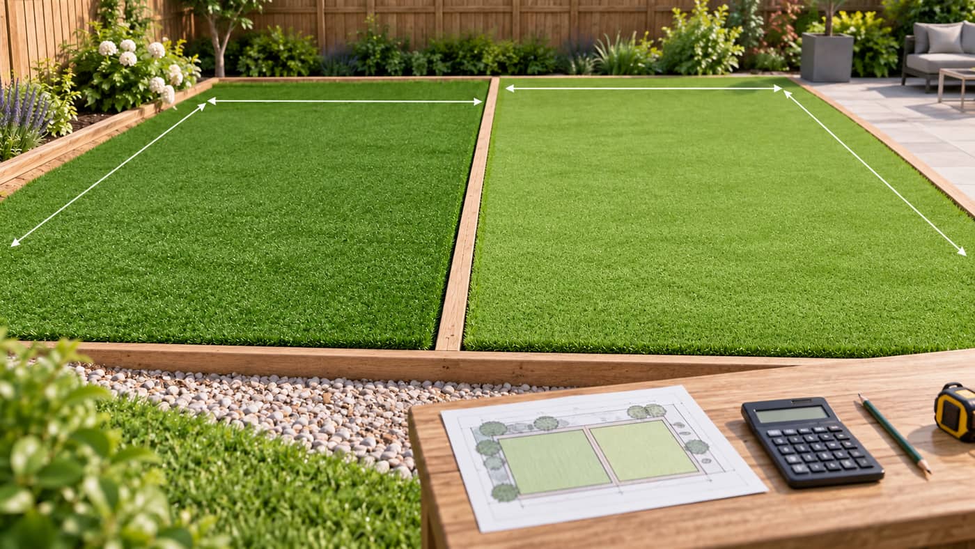 Illustration de deux surfaces de jardin à mesurer séparément, avec un plan et une calculatrice
