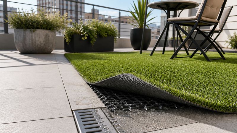 Gazon synthétique sur balcon terrasse avec géodrainant visible sur sol dur et évacuation de l’eau vers le caniveau