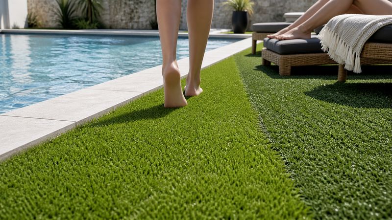 Gazon synthétique autour d’une piscine avec confort pieds nus, zone de passage résistante avec transat et finition propre sous margelle