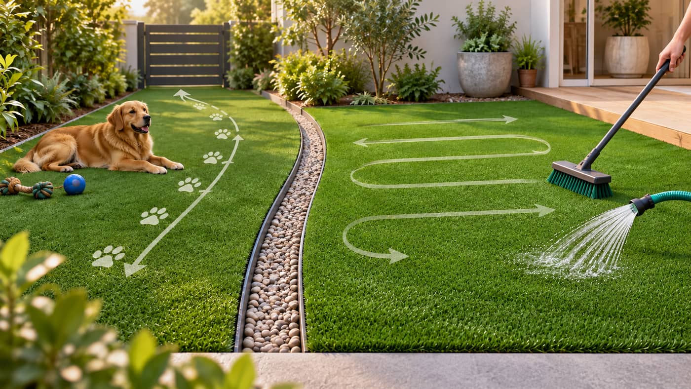 Illustration d’un jardin en gazon synthétique avec zone de passage d’un chien, brosse et tuyau accessibles pour l’entretien